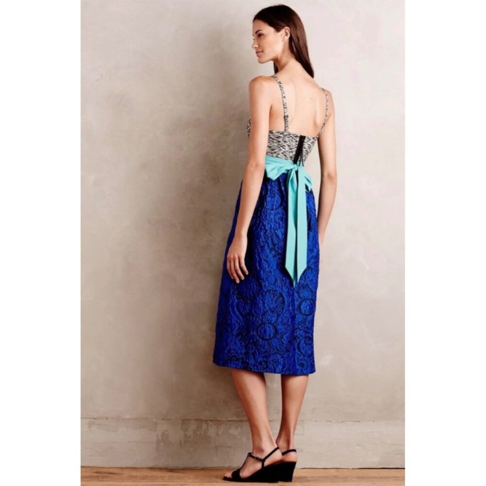 Anthropologie Blue Lace Midi Dress with Mint Sash